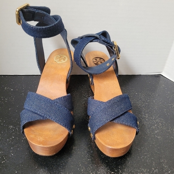 Tory Burch Risley Denim and Wood Wedges - Picture 2 of 9
